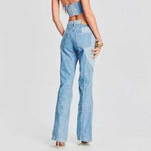 Vaqueros de mezclilla de dos tonos con parches y logotipo de cuero personalizado OEM de fábrica para mujer - Product Image 4