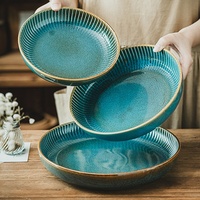 Assiette en céramique bleue vintage de 8,7 à 10,2 pouces, grande assiette ronde pour servir le pain, les salades et les fruits, pour la maison, la salle à manger, l'hôtel