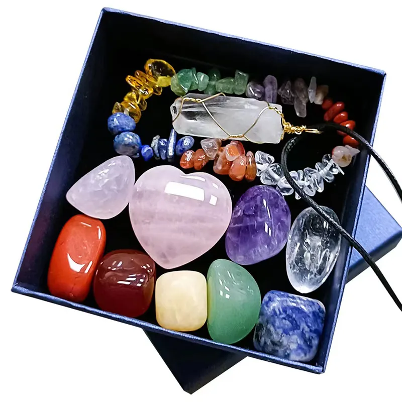 Hot Selling Spiritual Meditation Natural Crystal Heart Healing Gem 7 Chakra Crystal Tumbling Stone Box Set