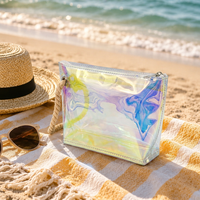Pochette cosmétique pliable en PVC irisé avec logo personnalisé, fermeture éclair, sac à maquillage holographique, poignée en corde, organiseur de voyage imperméable