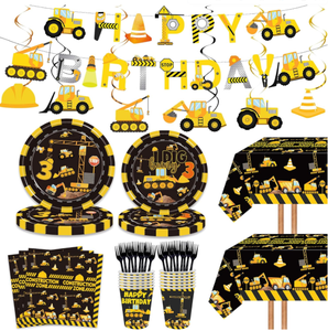 Articles de fête d'anniversaire sur le thème de la construction : Camion, Excavatrice, Bannières, Guirlandes, Assiettes, Gobelets, Serviettes, Nappe, <span class=keywords><strong>Couverts</strong></span> et Vaisselle - Product Image 2