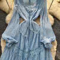 Robe longue décontractée pour femme, coupe trapèze, avec empiècements en dentelle, manches longues, col en V, à volants, élégante, ample et fluide, idéale pour les vacances et le quotidien
