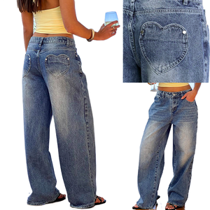 <span class=keywords><strong>Jean</strong></span> en denim pour femme, coupe droite, délavé bleu, style vintage, décontracté, ample, jambe large, longueur intégrale, tendance, avec poche cœur, collection automne - Product Image 1