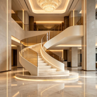 Escalier en marbre courbé de luxe moderne avec garde-corps en verre ambré et éclairage LED pour la décoration intérieure de villas et d'hôtels