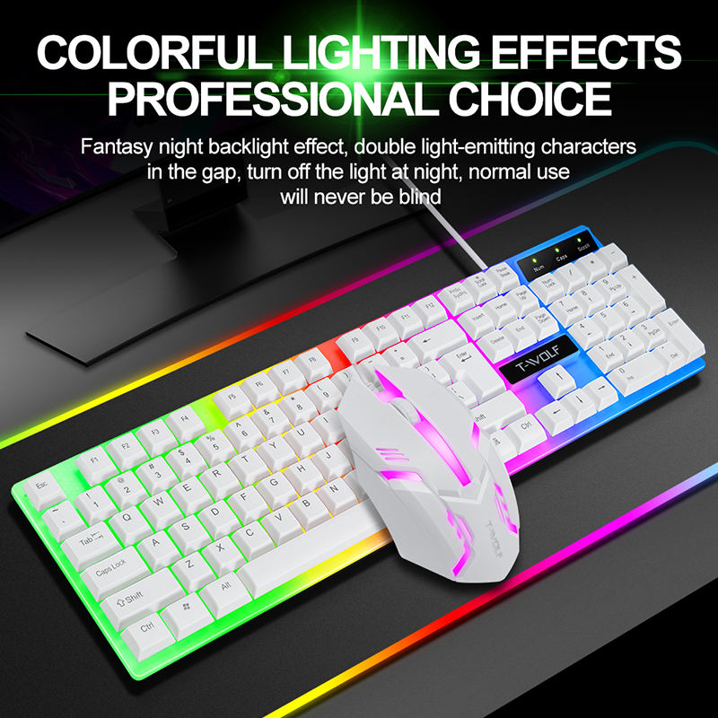ORANGLES T-WOLF TF230 Wired Gaming Keyboard & Mouse Set | 104-Key RGB Combo, 1200-2400 DPI Optical Mouse, Ergonomic Design for PC/Laptop Office & Gaming – White/Black (Kuwait) - angled perspective - presenting advantages - Image 4 of 6 | fits any environment | Purchase T-WOLF TF230 Wired Gaming Keyboard & Mouse Set | 104-Key RGB Combo, 1200-2400 DPI Optical Mouse, Ergonomic Design for PC/Laptop Office & Gaming – White/Black (Kuwait) Michigan | Free Shipping ORANGLES