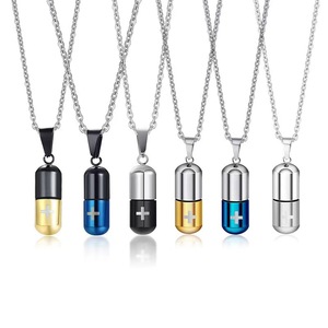 Kalung tabung wadah pil darurat baja tahan karat kalung liontin ID peringatan medis untuk pria wanita - Product Image 1