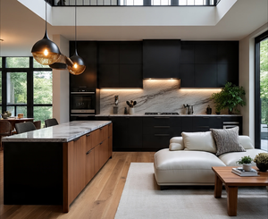 काले मैट लेसर शैली मिश्रण प्रकाश वेनर फिनिश रसोई कैबिनेट अद्वितीय द्वीप के साथ - Product Image 2