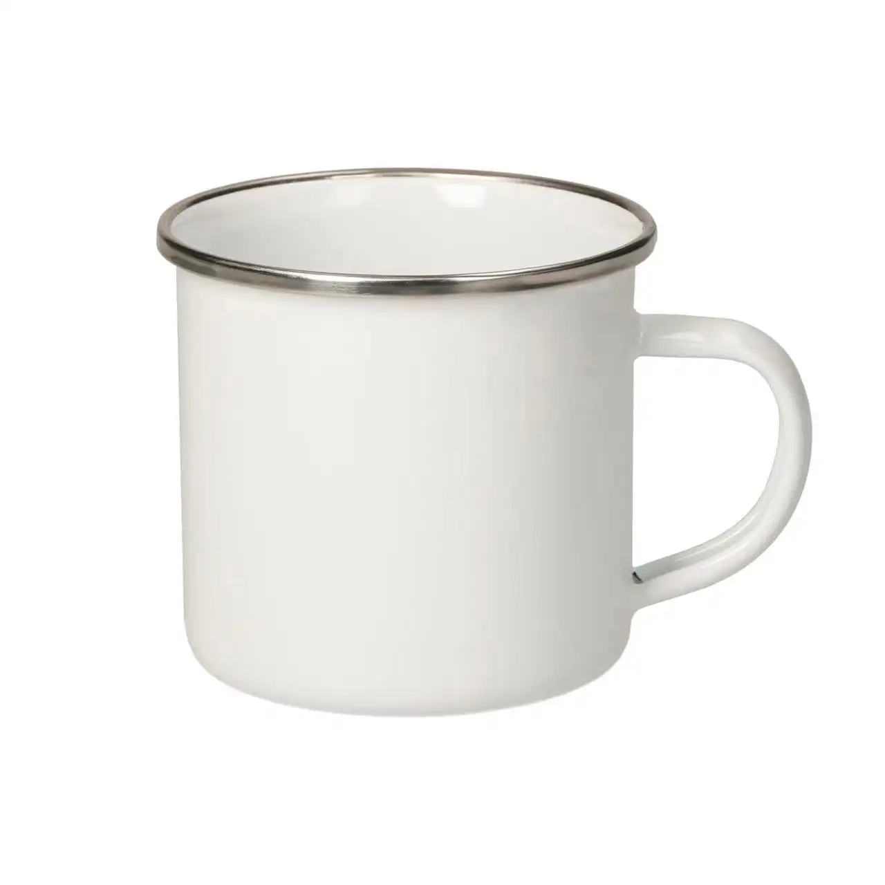 Vendite calde sublimazione bianco bianco smalto tazza 12 OZ con bordo argento natale campeggio all'aperto tazza di caffè in metallo per i regali