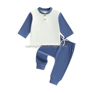 Color Blocks Cotton Outfit Casual Spring Autumn Baby Infant Clothes Sweatshirt Pants <strong>Fake</strong> Drawstring Boys Toddler <strong>Clothing</strong> Set - Product Image 1