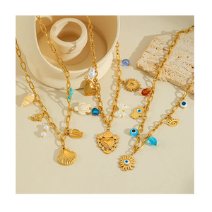 Offre Spéciale 18K Plaqué Or En Acier Inoxydable Chaîne Cubaine Collier pour Femmes Dainty Shell Croix Coeur Perle Diamant Style À La Mode - Product Image 4