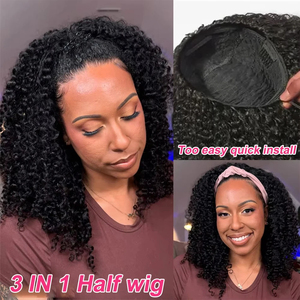 Demi-perruque 3 en 1 Afro Kinky Curly Human Hair Wear & Go Drawstting Band Seamless Clip Ins Wig Pas besoin de colle Flip Over Half Wigs - Product Image 4