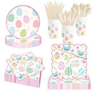 DAMAI Happy Easter Decoration Colored Egg Paper Plate Napkin Cup Supplies Serves <b>8</b> Guests Bunny Egg Plate Tableware <b>Set</b> - Product Image 1