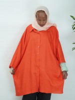 Chemise longue ample en lin orange, entièrement boutonnée, à manches chauve-souris, en tissu uni, élégante, formelle, respirante, pour femmes musulmanes, usage quotidien