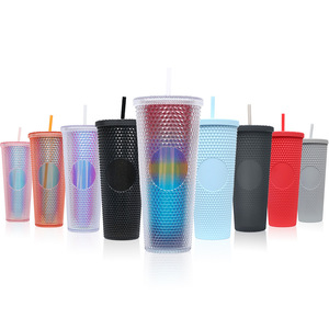 24 oz doble pared mate rosa amarillo enjoyado diamante plástico acrílico tachonado vaso con pajita - Product Image 1