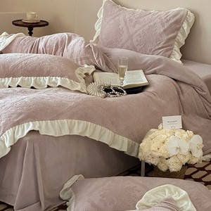 Milk Floss Jacquard <b>Bedding</b> <b>Set</b> Solid Color Thermal Duvet Cover Sheet Home Use - Product Image 3