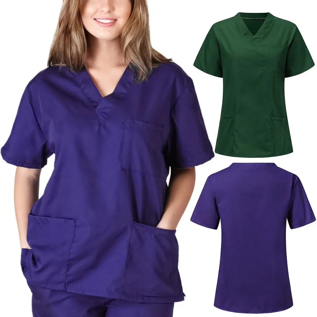 Drop Shipping Stretch bianco stampato manica corta infermiera medica tunica camicia Scrub Top uniforme