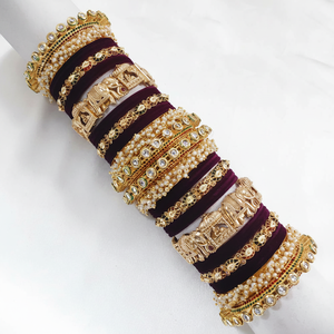 <b>Gold</b> Plated Pota Stone Pearl Meenakari Velvet <b>Bangles</b> <b>Set</b> for Women Traditional Ethnic Jewelry Wedding & Festive Collection - Product Image 2