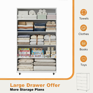 Cómoda de Madera Maciza Blanca con 5 Cajones y Ruedas, Mueble de Almacenamiento Moderno con Altura Ajustable y Fácil Montaje - Product Image 2