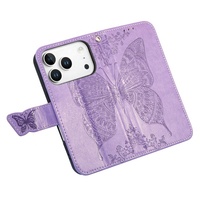 Étui portefeuille à rabat pour iPhone 18 17 Pro Max avec porte-cartes, motif papillon et fleur en relief, en cuir PU