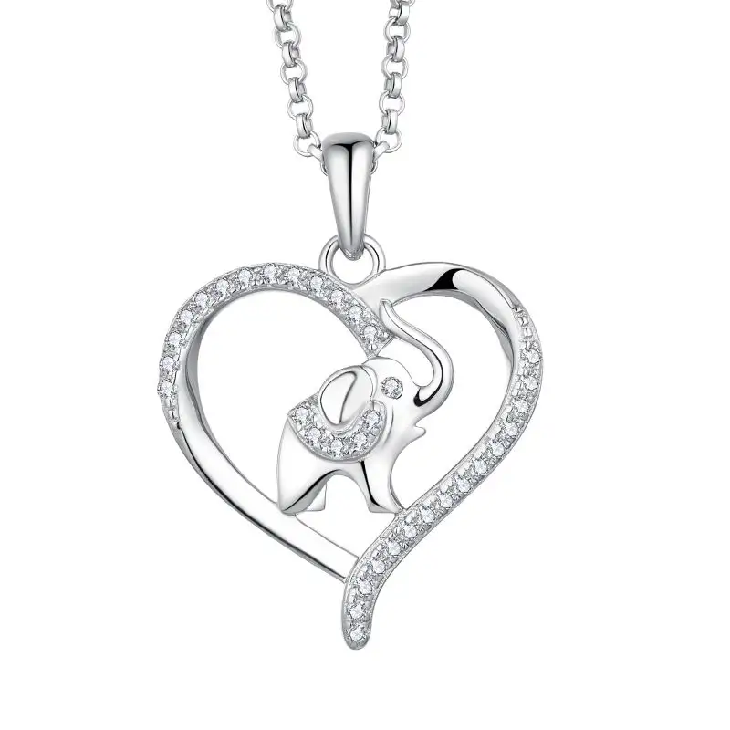 925 Sterling Silver Lucky Cute Animal Cubic Zirconia Elephant Heart Necklace For Women