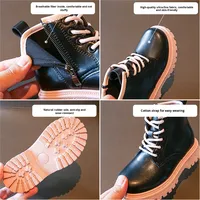 Bottes Martin noires et roses pour enfants, avec fermeture éclair latérale, lacets, tige en cuir, semelle épaisse antidérapante, bottes d'hiver pour filles, vente en gros OEM ODM