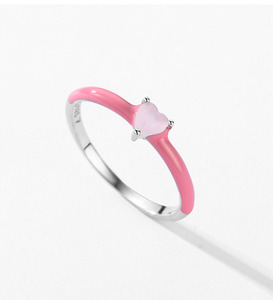 S925 Silver Pink Enamel Heart <b>Ring</b> with Light Pink Stone <b>Dainty</b> Stackable Silver Trendy Sweet Girl Finger Band - Product Image 3