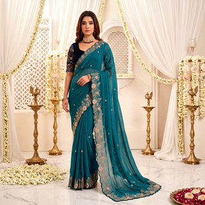 Sari en soie turquoise avec broderie dorée et chemisier noir, tenue de mariage traditionnelle indienne et pakistanaise pour femme, longueur au sol, protection solaire intégrale - Product Image 1
