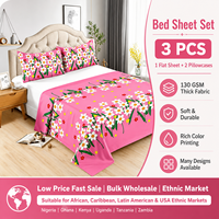 Vente en gros usine – Ensemble de draps plats imprimés floraux 130 GSM, 3 pièces, taille King, avec 2 taies d'oreiller pour la vente au détail