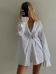 Conjunto <span class=keywords><strong>de</strong></span> Blusas Casuales <span class=keywords><strong>de</strong></span> Algodón para <span class=keywords><strong>Mujer</strong></span>, con Mangas Largas Holgadas y Cuello Camisero, Blusas Blancas con Botones para Oficina, Estilo Veraniego - Product Image 2