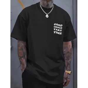 T-shirt unisexe noir en coton épais à col rond, coupe ample, imprimé double face motif floral <span class=keywords><strong>rose</strong></span> et texte graphique minimaliste, style streetwear - Product Image 2