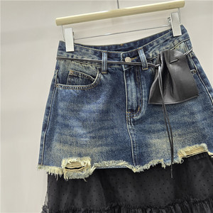 <span class=keywords><strong>GX</strong></span>-primavera/verano nueva malla empalme moda medio a largo bolsa de mezclilla falda de cadera cintura alta adelgazamiento falda de medio cuerpo - Product Image 4
