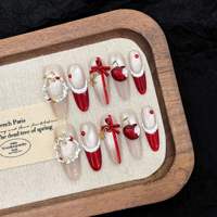 Ongles press-on transparents de Noël rouges avec motif ciel étoilé, longueur 5,0 cm, forme carrée/en C/en tube