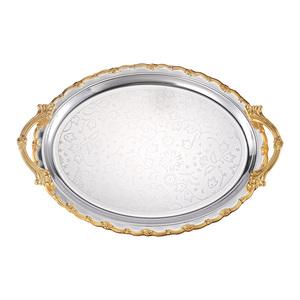 Plateau en métal plaqué or de haute qualité pour hôtel et maison, plateau de service en métal doré poli avec poignée - Product Image 4