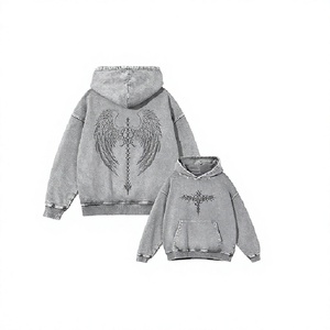 Sweat-shirt unisexe gris délavé style gothique avec imprimé ailes d'ange et croix, poche kangourou, coupe ample, streetwear - Product Image 4
