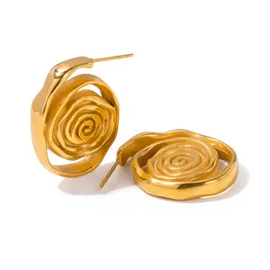 18k PVD Gold Plated Geometric Spiral Swirl Snail C Shape Circle Hoop Earring For Women