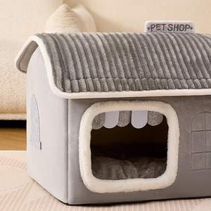 Gemütliches, geschlossenes, warmes Katzen hausbett für Katzen und kleine Hunde, weiches, faltbares privates Tierheim mit abnehmbarem Kissen - Product Image 6