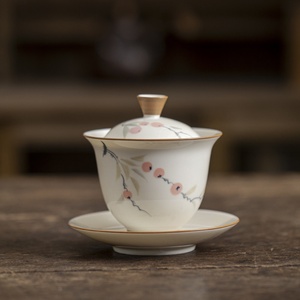 ถ้วยชาเซรามิกกันความร้อนสามส่วนลายลูกพลับวาดด้วยมือจากเถ้าไม้ พร้อมฝาปิดรูปเกือกม้า สไตล์จีน - Product Image 2