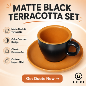 Tasse et soucoupe à expresso classiques en porcelaine noir mat et terre cuite, durables, avec contraste de couleurs, pour café italien, logo personnalisé, OEM - Product Image 2