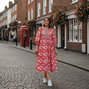 Robe midi en coton fleuri orange, robe d'été bohème, tenue décontractée et confortable pour femmes - Product Image 1