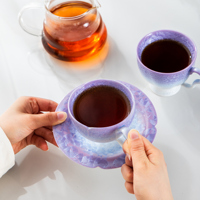 Tasse et soucoupe en céramique réactive à effet dégradé lavande, nouveau style chinois, écologique, bord festonné en forme de fleur, pour café et thé