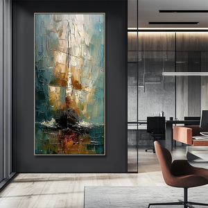 Décoration de bureau, toile peinte à la main, peintures abstraites de bateaux à voile dorés, paysages marins, art mural moderne texturé 3D - Product Image 5