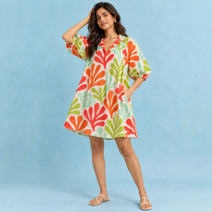 Vestido Mini Bohemio de Fiesta para Mujer, Estampado Digital, Viscosa y Algodón, Cintura Imperio, Manga Abullonada, Corte A, para Primavera/Verano, Playa - Product Image 1