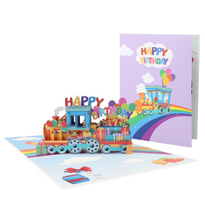 Toptan Kağıt El İşi Sevimli Doğum Günü Buharlı Tren Lazer Kesim Açılır Kartlar Çocuklar İçin Gökkuşağı 3D Tebrik Kartları - Product Image 1