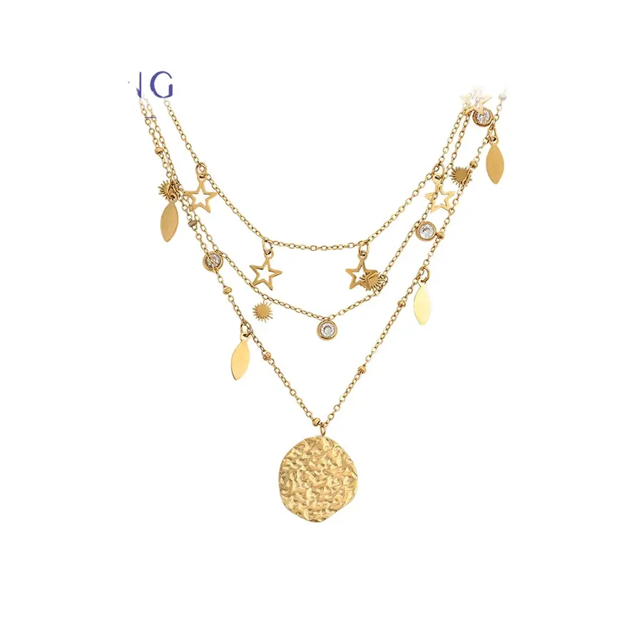 A00902967 Xu Ping jewelry high sense star sun leaf set diamond small pendant 14K gold charm jewelry three layer chain necklace