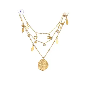 A00902967 Xu Ping jewelry high sense star sun leaf set diamond small pendant 14K gold charm jewelry collana a catena a tre strati