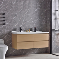 Meuble-lavabo rectangulaire moderne en contreplaqué avec vasque en céramique, égouttoir en acier inoxydable et finition résistante à l'eau pour mobilier de salle de bain d'hôtel
