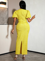 ADR060171 Robe jaune décontractée moulante à manches courtes bouffantes en jacquard avec fente pour l'été