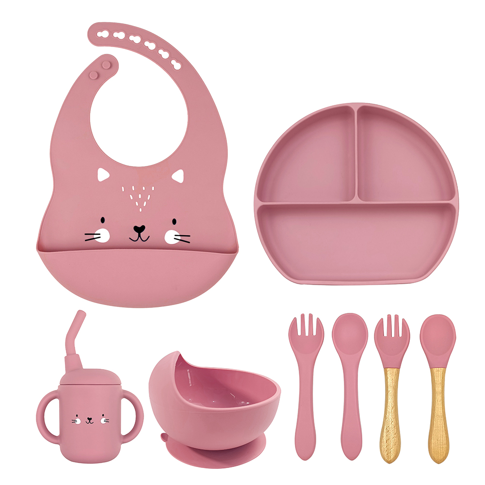 8Pc Bebe Siliconen Voedingsset Patroon Bib Plaat Met Zuigbodem Rietje Beker Met Deksel Baby Dineren Servies Set Babero Bestek