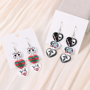 1 par de pendientes de gota de corazón de Halloween con estampado de dos lados acrílico calavera fantasma artesanía moda mujer joyería regalo - Product Image 4