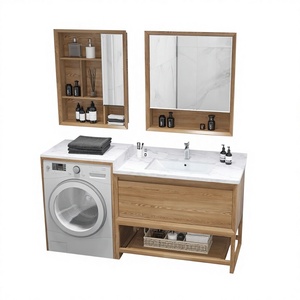 Meuble <span class=keywords><strong>de</strong></span> <span class=keywords><strong>salle</strong></span> <span class=keywords><strong>de</strong></span> <span class=keywords><strong>bain</strong></span> <span class=keywords><strong>de</strong></span> style japonais couleur bois, intégration <span class=keywords><strong>lave</strong></span>-<span class=keywords><strong>linge</strong></span> et toilettes, miroir inclus, étanche, autoportant en chêne - Product Image 1